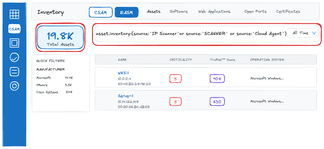 Cloud Agent Management interface showing asset inventory